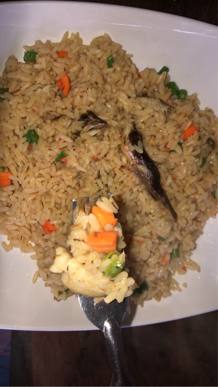 Curry rice with vegetables and dry fish